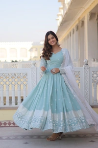 Azorte Fashion Premium Designer Gown with Dupatta | Faux Georgette, Sequins Embroidery & Fancy V-Neck - M