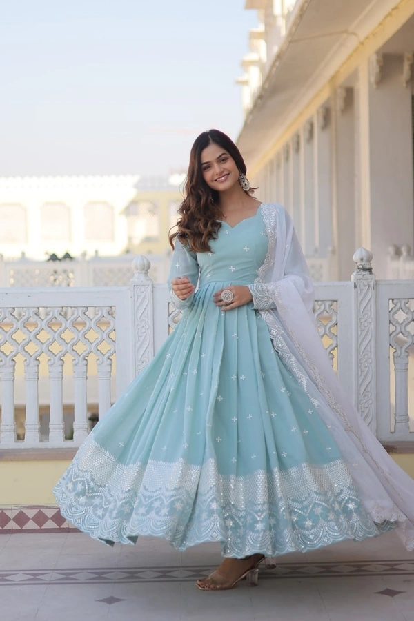 Azorte Fashion Premium Designer Gown with Dupatta | Faux Georgette, Sequins Embroidery & Fancy V-Neck - M