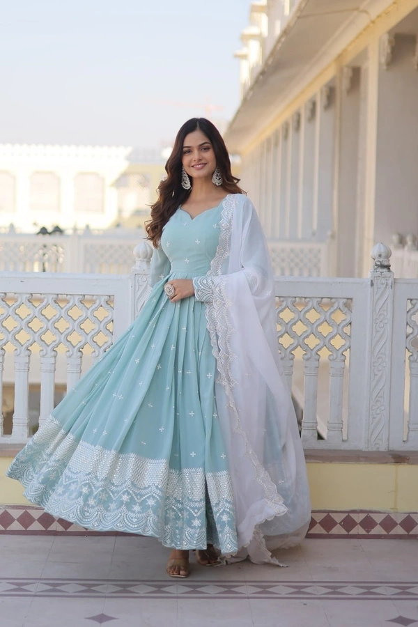 Azorte Fashion Premium Designer Gown with Dupatta | Faux Georgette, Sequins Embroidery & Fancy V-Neck - M