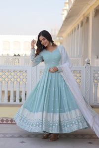 Azorte Fashion Premium Designer Gown with Dupatta | Faux Georgette, Sequins Embroidery & Fancy V-Neck - M
