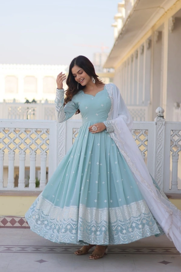 Azorte Fashion Premium Designer Gown with Dupatta | Faux Georgette, Sequins Embroidery & Fancy V-Neck - M