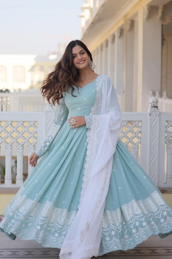 Azorte Fashion Premium Designer Gown with Dupatta | Faux Georgette, Sequins Embroidery & Fancy V-Neck - M