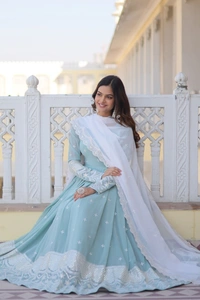 Azorte Fashion Premium Designer Gown with Dupatta | Faux Georgette, Sequins Embroidery & Fancy V-Neck - M
