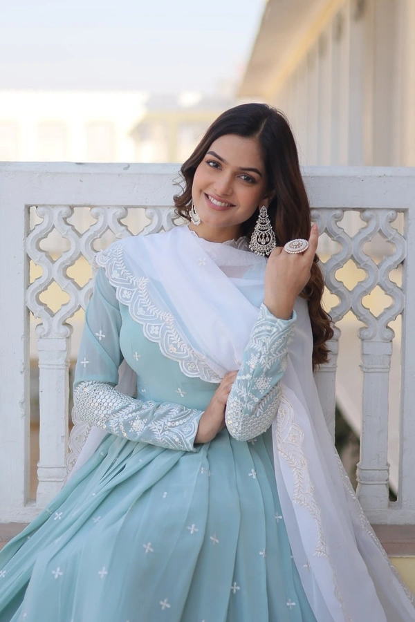 Azorte Fashion Premium Designer Gown with Dupatta | Faux Georgette, Sequins Embroidery & Fancy V-Neck - M