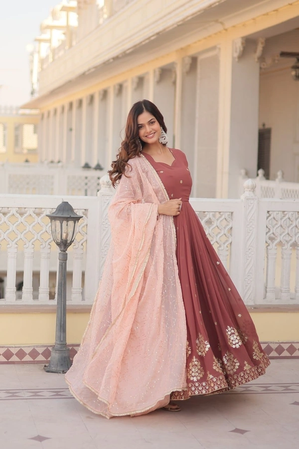 Azorte Fashion Premium Designer Gown with Dupatta | Faux Georgette, Zari & Sequins Embroidery - L