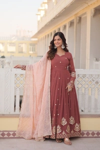 Azorte Fashion Premium Designer Gown with Dupatta | Faux Georgette, Zari & Sequins Embroidery - L