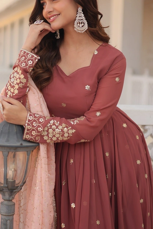 Azorte Fashion Premium Designer Gown with Dupatta | Faux Georgette, Zari & Sequins Embroidery - L