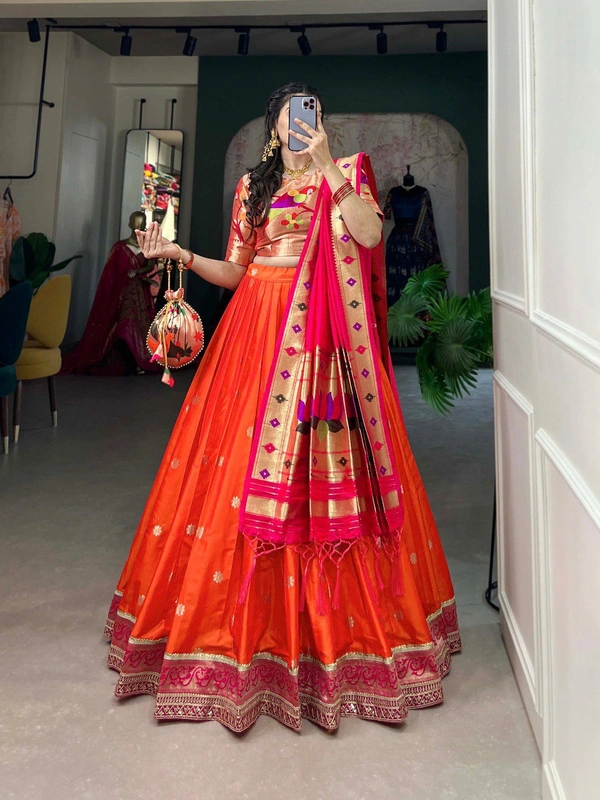 Azorte Fashion Paithani Jacquard Silk Lehenga Choli with Zari Weaving & Dupatta - Red Orange, Stitched, Unstitched