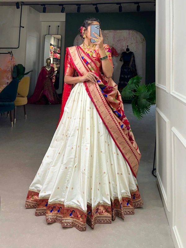 Azorte Fashion Paithani Jacquard Silk Lehenga Choli with Zari Weaving & Dupatta - White, Stitched, Unstitched