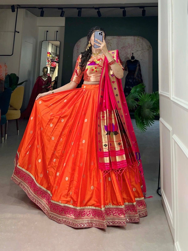 Azorte Fashion Paithani Jacquard Silk Lehenga Choli with Zari Weaving & Dupatta - Red Orange, Stitched, Unstitched