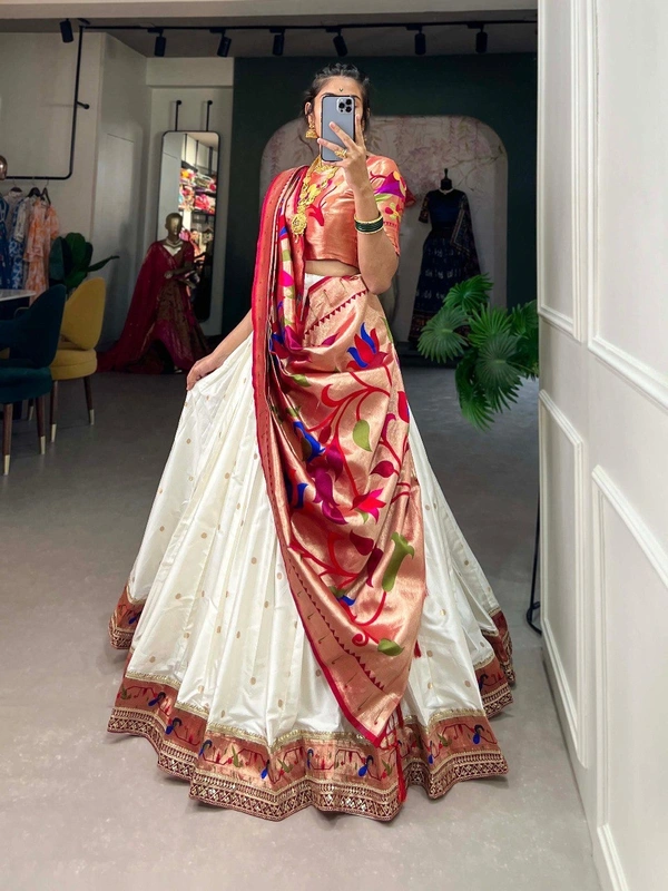 Azorte Fashion Paithani Jacquard Silk Lehenga Choli with Zari Weaving & Dupatta - White, Stitched, Unstitched