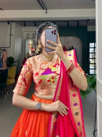 Azorte Fashion Paithani Jacquard Silk Lehenga Choli with Zari Weaving & Dupatta - Red Orange, Stitched, Unstitched
