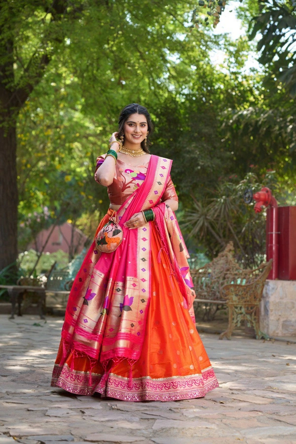 Azorte Fashion Paithani Jacquard Silk Lehenga Choli with Zari Weaving & Dupatta - Red Orange, Stitched, Unstitched