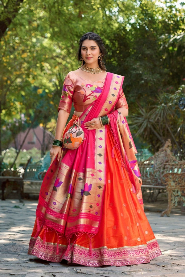 Azorte Fashion Paithani Jacquard Silk Lehenga Choli with Zari Weaving & Dupatta - Red Orange, Stitched, Unstitched