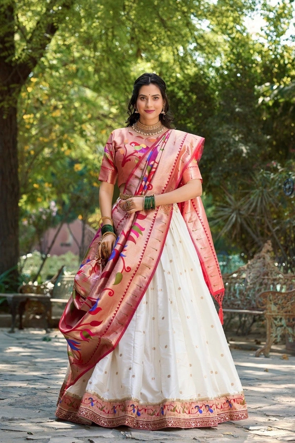 Azorte Fashion Paithani Jacquard Silk Lehenga Choli with Zari Weaving & Dupatta - White, Stitched, Unstitched