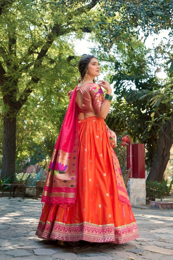 Azorte Fashion Paithani Jacquard Silk Lehenga Choli with Zari Weaving & Dupatta - Red Orange, Stitched, Unstitched