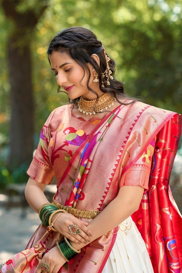 Azorte Fashion Paithani Jacquard Silk Lehenga Choli with Zari Weaving & Dupatta - White, Stitched, Unstitched