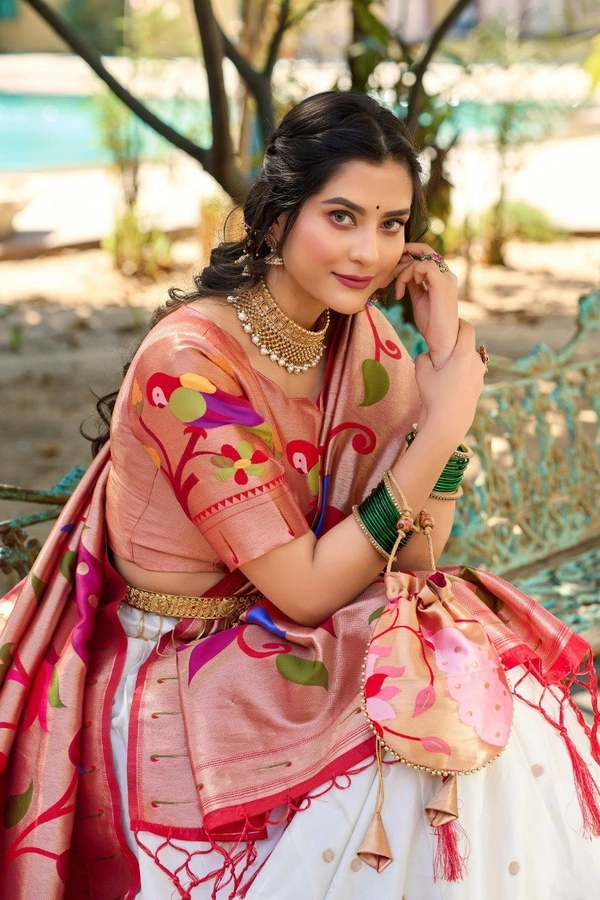 Azorte Fashion Paithani Jacquard Silk Lehenga Choli with Zari Weaving & Dupatta - White, Stitched, Unstitched