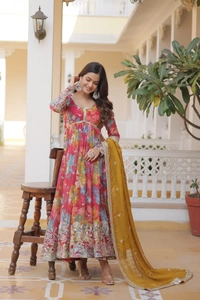 Azorte Fashion Premium Alia Cut Readymade Gown with Dupatta | Russian Silk, Zari & Sequins Embroidery - BR, M