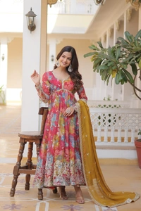 Azorte Fashion Premium Alia Cut Readymade Gown with Dupatta | Russian Silk, Zari & Sequins Embroidery - BR, M