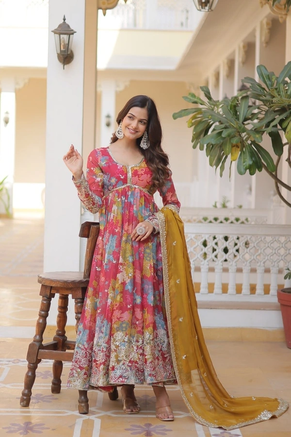 Azorte Fashion Premium Alia Cut Readymade Gown with Dupatta | Russian Silk, Zari & Sequins Embroidery - BR, M