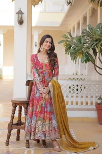 Azorte Fashion Premium Alia Cut Readymade Gown with Dupatta | Russian Silk, Zari & Sequins Embroidery - BR, M