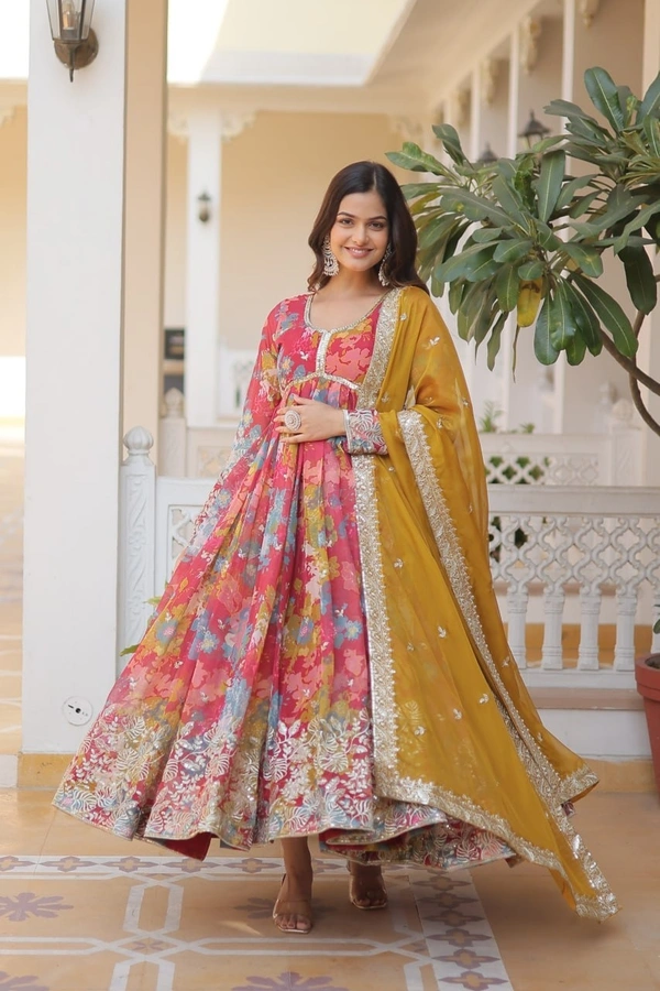Azorte Fashion Premium Alia Cut Readymade Gown with Dupatta | Russian Silk, Zari & Sequins Embroidery - BR, M