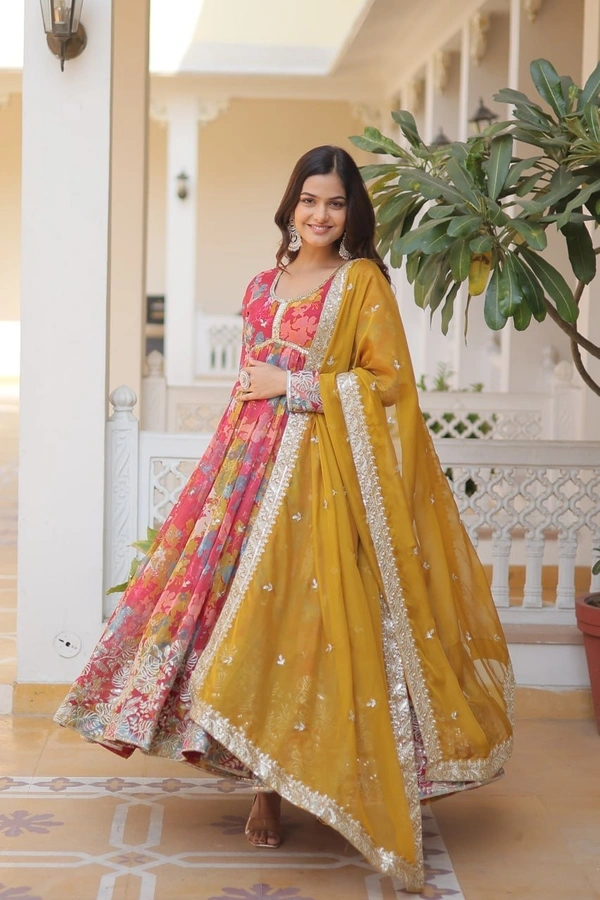 Azorte Fashion Premium Alia Cut Readymade Gown with Dupatta | Russian Silk, Zari & Sequins Embroidery - BR, M