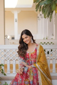 Azorte Fashion Premium Alia Cut Readymade Gown with Dupatta | Russian Silk, Zari & Sequins Embroidery - BR, M