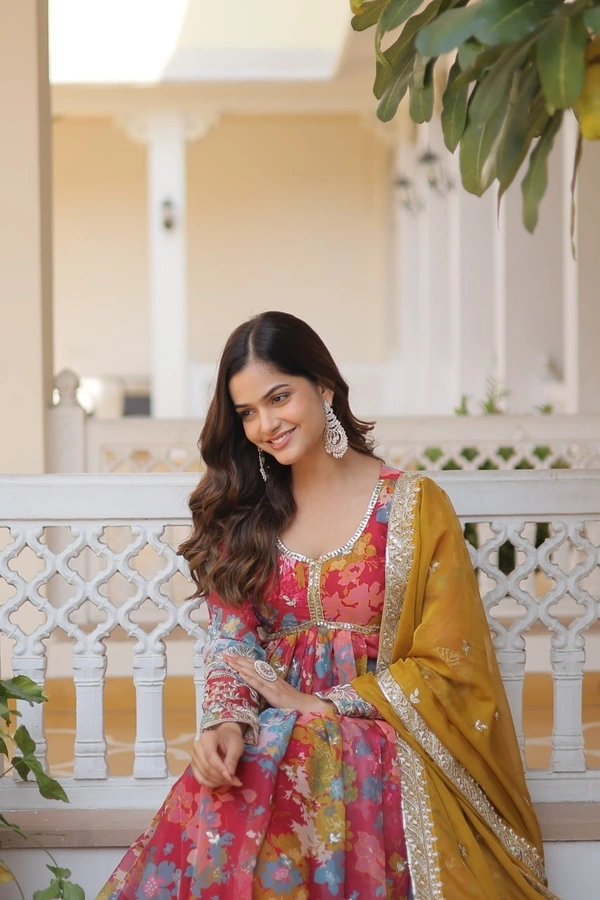 Azorte Fashion Premium Alia Cut Readymade Gown with Dupatta | Russian Silk, Zari & Sequins Embroidery - BR, M