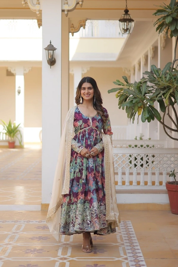Azorte Fashion Premium Alia Cut Readymade Gown with Dupatta | Russian Silk, Zari & Sequins Embroidery - CO, M