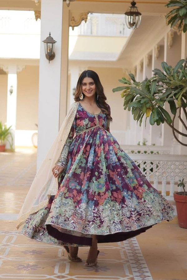 Azorte Fashion Premium Alia Cut Readymade Gown with Dupatta | Russian Silk, Zari & Sequins Embroidery - CO, M