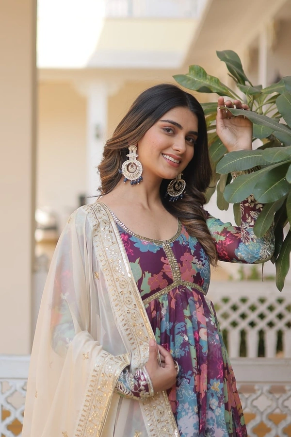 Azorte Fashion Premium Alia Cut Readymade Gown with Dupatta | Russian Silk, Zari & Sequins Embroidery - CO, M
