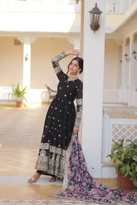 Azorte Fashion Premium Designer Readymade Gown with Dupatta | Faux Georgette, Zari & Sequins Embroidery - BLK, XXL