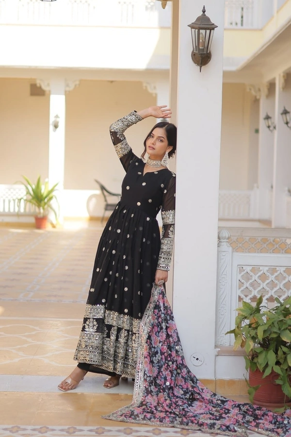 Azorte Fashion Premium Designer Readymade Gown with Dupatta | Faux Georgette, Zari & Sequins Embroidery - BLK, XXL