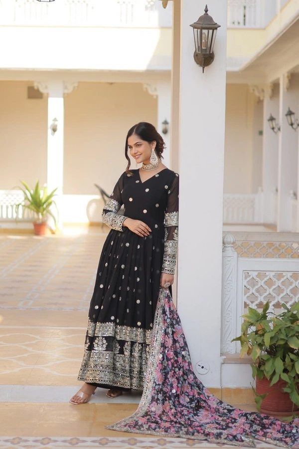 Azorte Fashion Premium Designer Readymade Gown with Dupatta | Faux Georgette, Zari & Sequins Embroidery - BLK, XXL