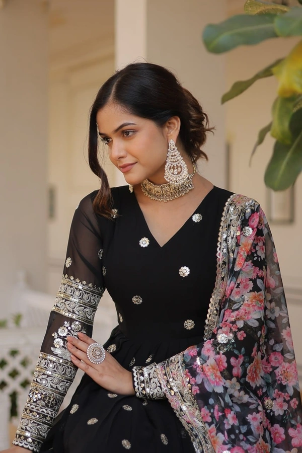 Azorte Fashion Premium Designer Readymade Gown with Dupatta | Faux Georgette, Zari & Sequins Embroidery - BLK, XXL