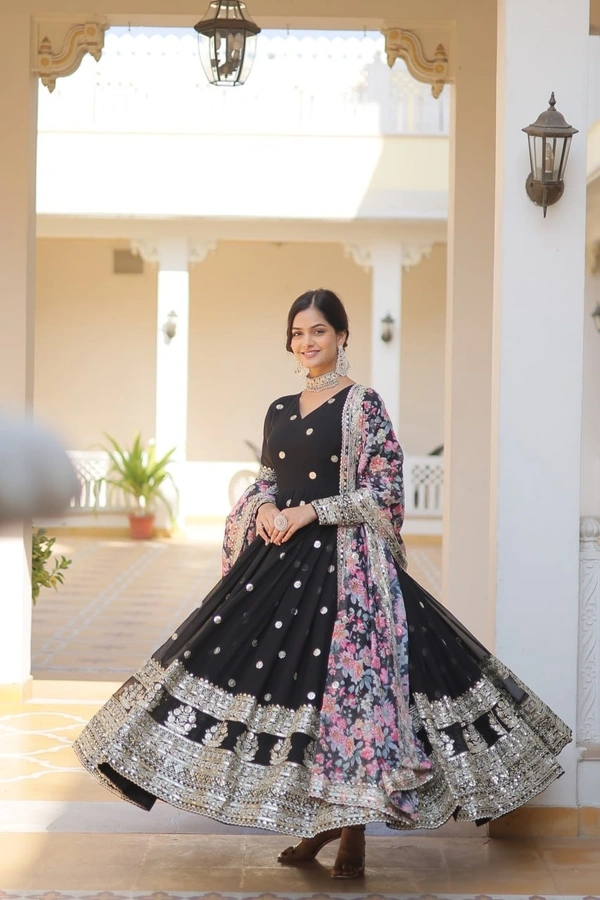 Azorte Fashion Premium Designer Readymade Gown with Dupatta | Faux Georgette, Zari & Sequins Embroidery - BLK, XXL