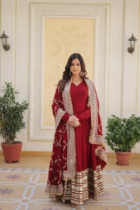 Azorte Fashion Premium Designer Readymade Gown with Dupatta | Faux Blooming, Zari & Sequins Embroidery | Maroon - XL