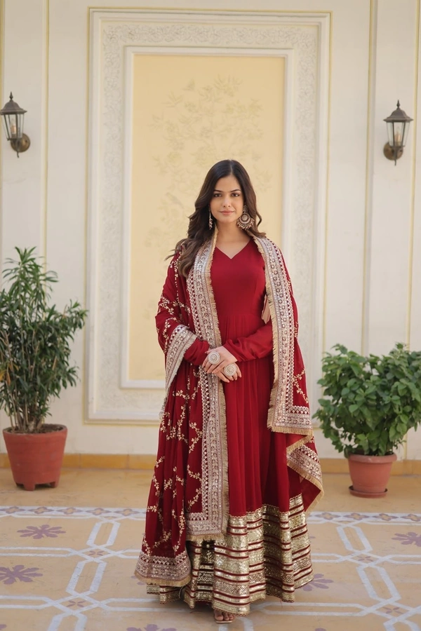 Azorte Fashion Premium Designer Readymade Gown with Dupatta | Faux Blooming, Zari & Sequins Embroidery | Maroon - XL