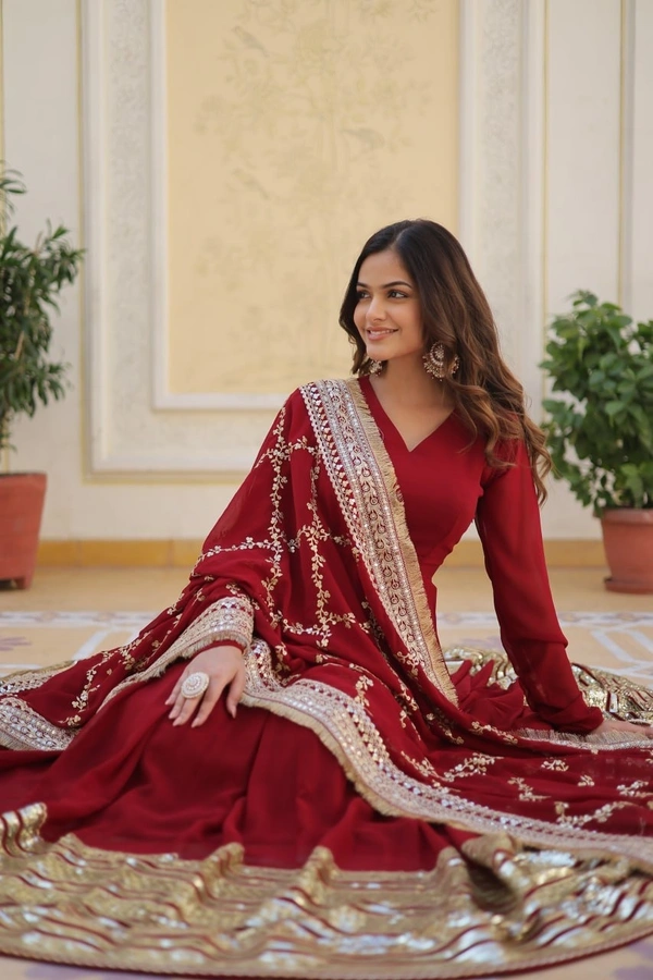 Azorte Fashion Premium Designer Readymade Gown with Dupatta | Faux Blooming, Zari & Sequins Embroidery | Maroon - XL