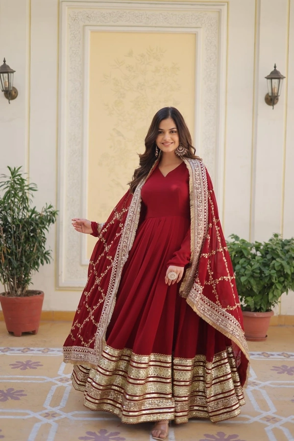 Azorte Fashion Premium Designer Readymade Gown with Dupatta | Faux Blooming, Zari & Sequins Embroidery | Maroon - XL