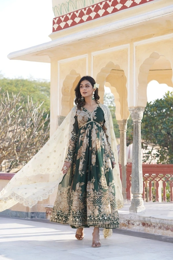Azorte Fashion Premium Alia Cut Gown with Dupatta | Digital Printed Russian Silk | Zari & Sequins Embroidery - XL