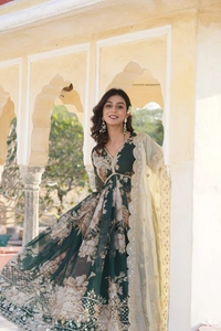 Azorte Fashion Premium Alia Cut Gown with Dupatta | Digital Printed Russian Silk | Zari & Sequins Embroidery - XL
