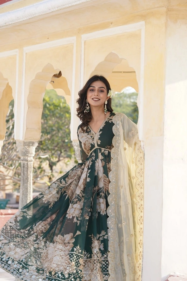 Azorte Fashion Premium Alia Cut Gown with Dupatta | Digital Printed Russian Silk | Zari & Sequins Embroidery - XL