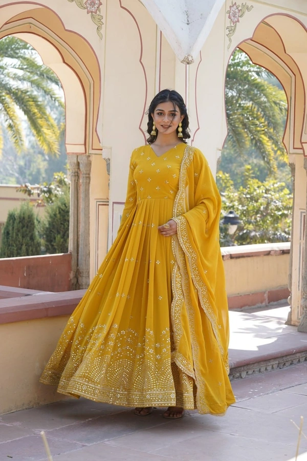 Azorte Fashion Premium Designer Gown with Dupatta | Faux Georgette | Zari & Sequins Embroidery - Pizza, L