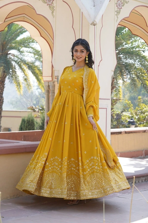 Azorte Fashion Premium Designer Gown with Dupatta | Faux Georgette | Zari & Sequins Embroidery - Pizza, L