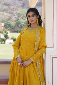 Azorte Fashion Premium Designer Gown with Dupatta | Faux Georgette | Zari & Sequins Embroidery - Pizza, L