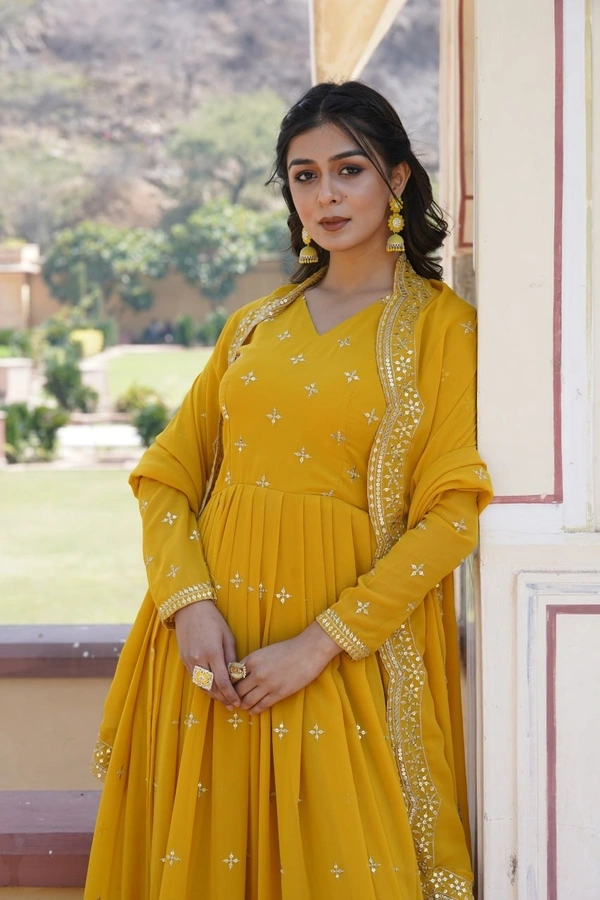 Azorte Fashion Premium Designer Gown with Dupatta | Faux Georgette | Zari & Sequins Embroidery - Pizza, L