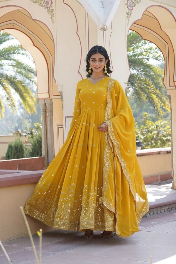 Azorte Fashion Premium Designer Gown with Dupatta | Faux Georgette | Zari & Sequins Embroidery - Pizza, L